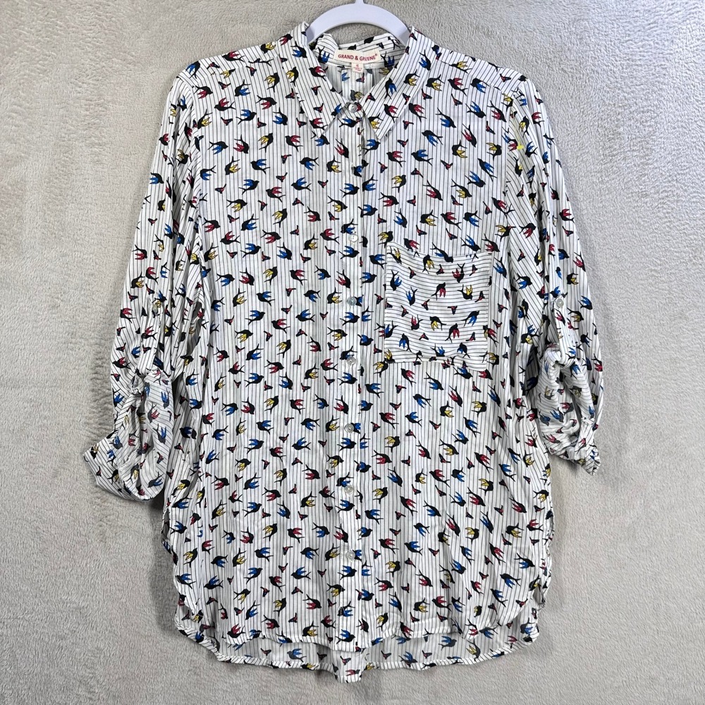Grand & Greene Women's S Bird Print Pinstripe Button Down‎ Shirt Roll Tab Rayon